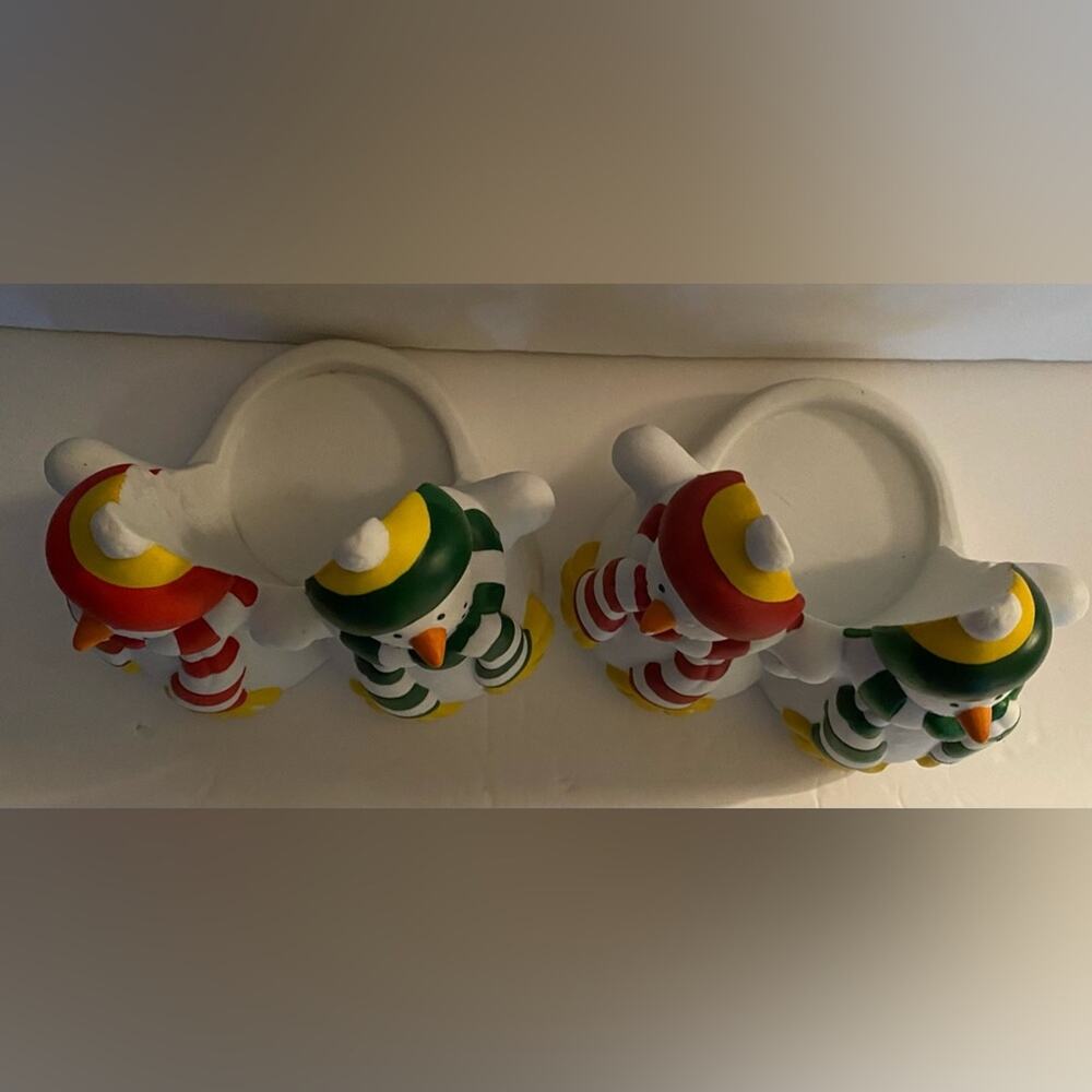 2 Partylite Snowmn Candle Holders Red green hats scarves Carrot nose black - Picture 2 of 6